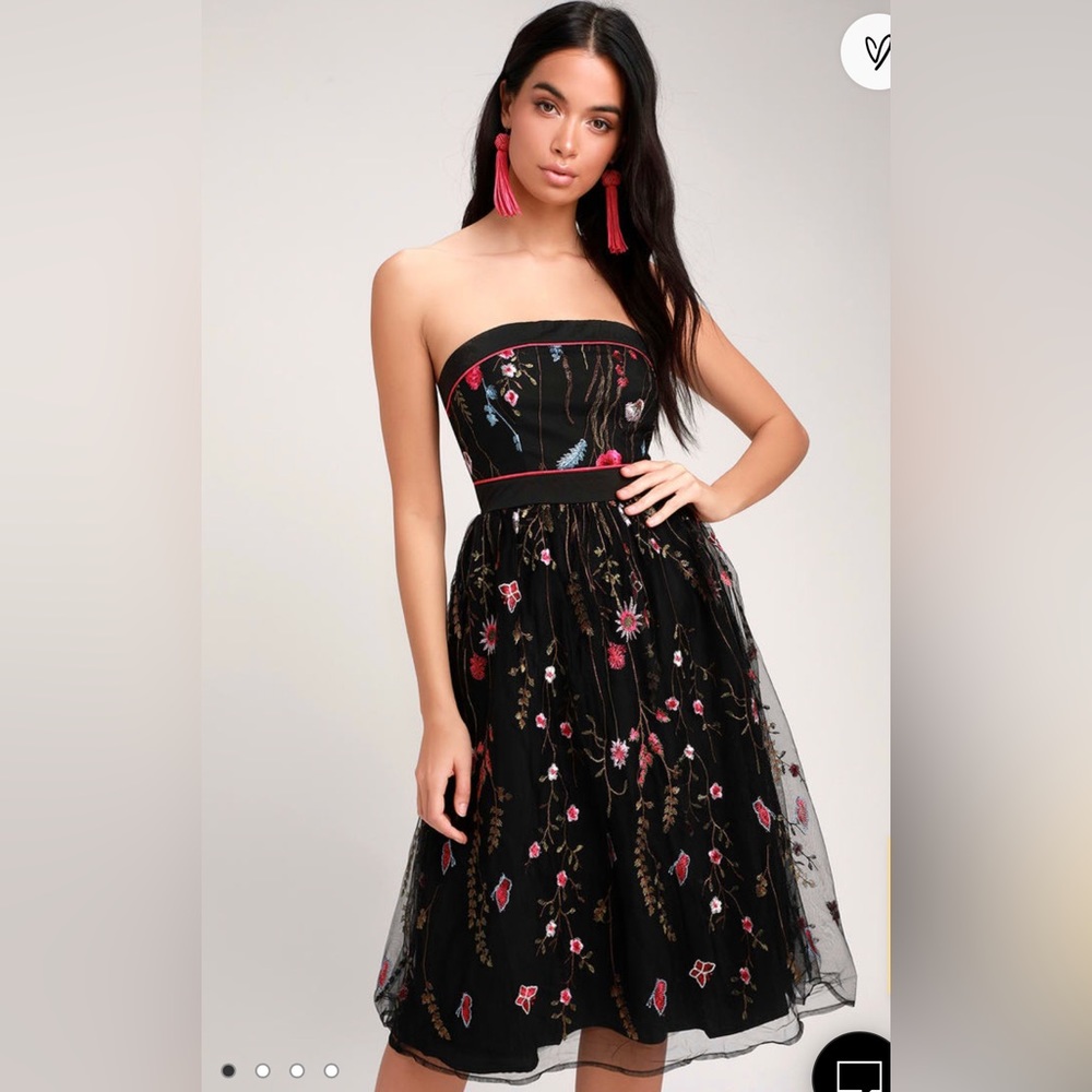 For the Frill of It Black Embroidered Strapless Midi Dress